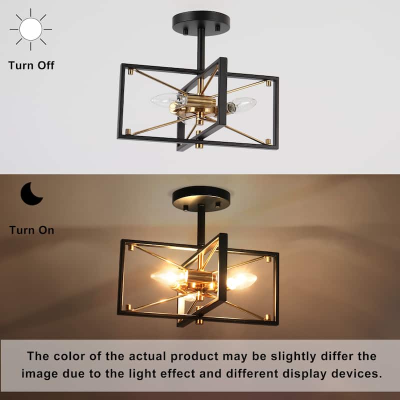 Modern Black Gold 3-Light Sputnik Semi-Flush Mount Ceiling Light Cage Starburst Chandeliers - 13"L x 10.5"H