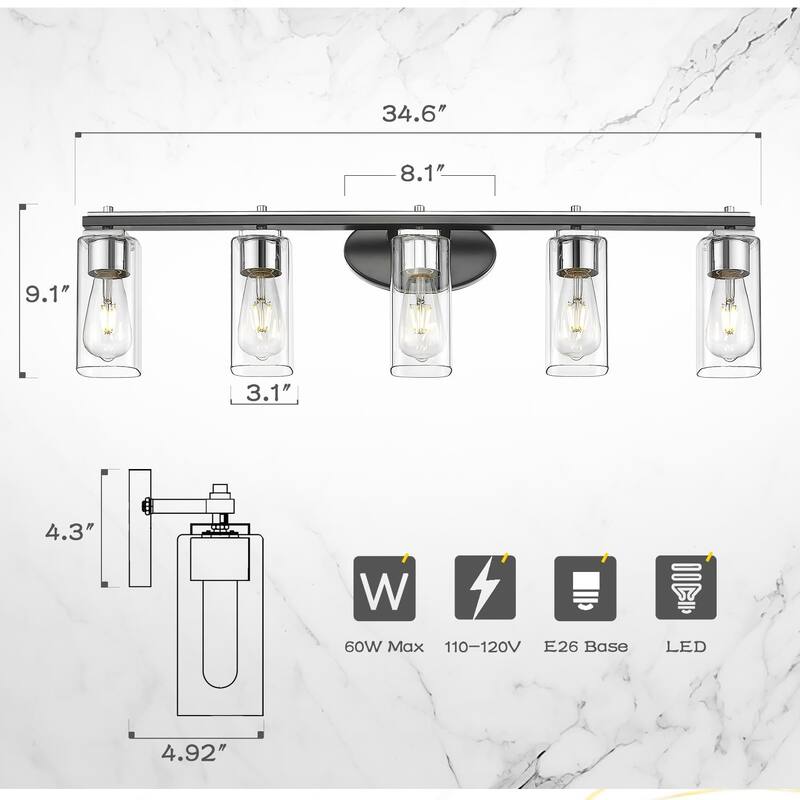 5-Light Vanity Lighting Fixtures, Black and Chrome Finish