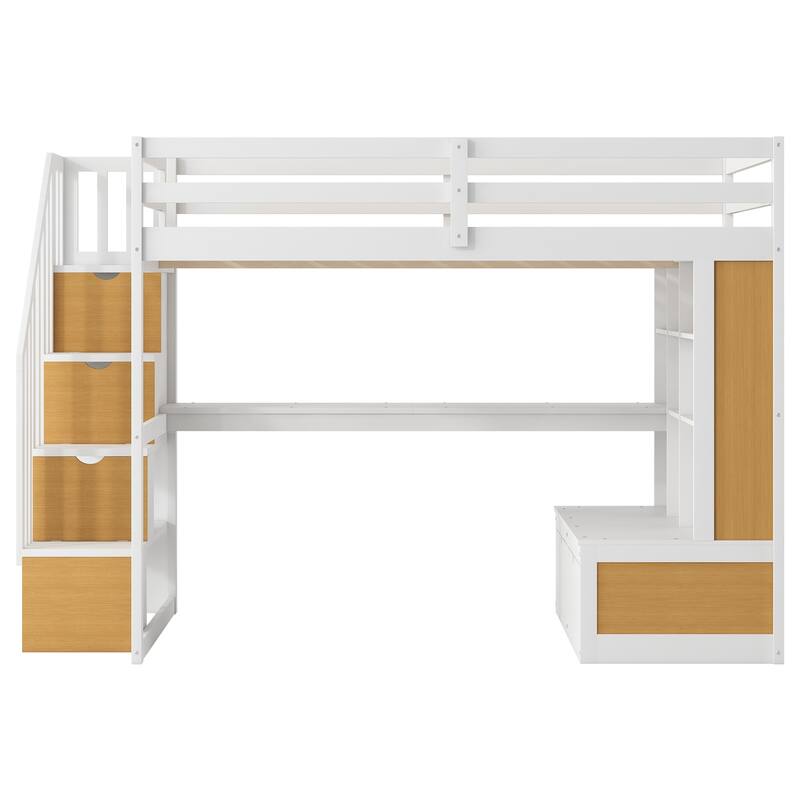 Full Loft Bed with Desk, Shelving, Storage Stairs, and Drawers - Ideal Space-Saving Bed for Kids & Teens