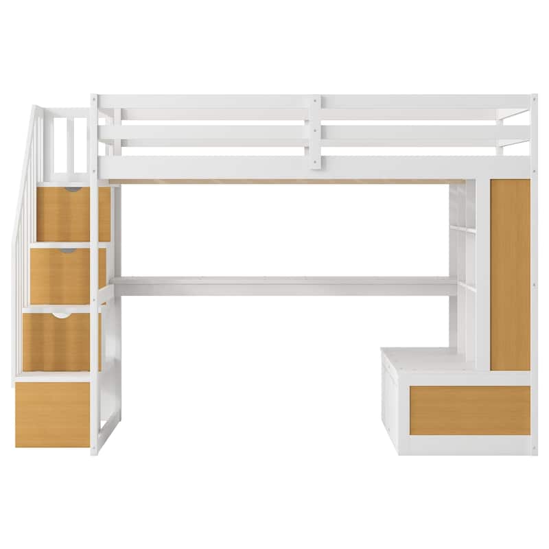 Full Size Loft Bed with Desk, Shelves, Drawers, and Storage Staircase in White and Natural