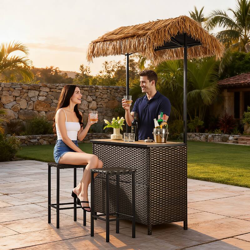 Pocassy Outdoor Tiki Bar Patio Set with 2 Stools Storage for Garden - Brown