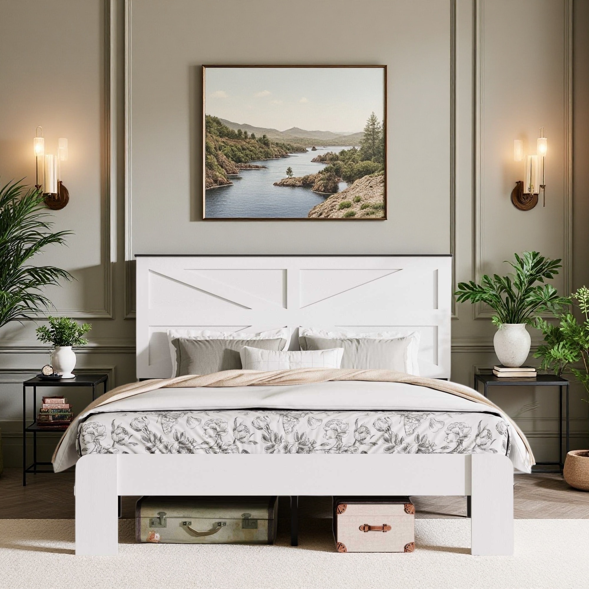 King Size Metal Platform Bed Frame with Upholstered Headboard and No Box Spring Needed