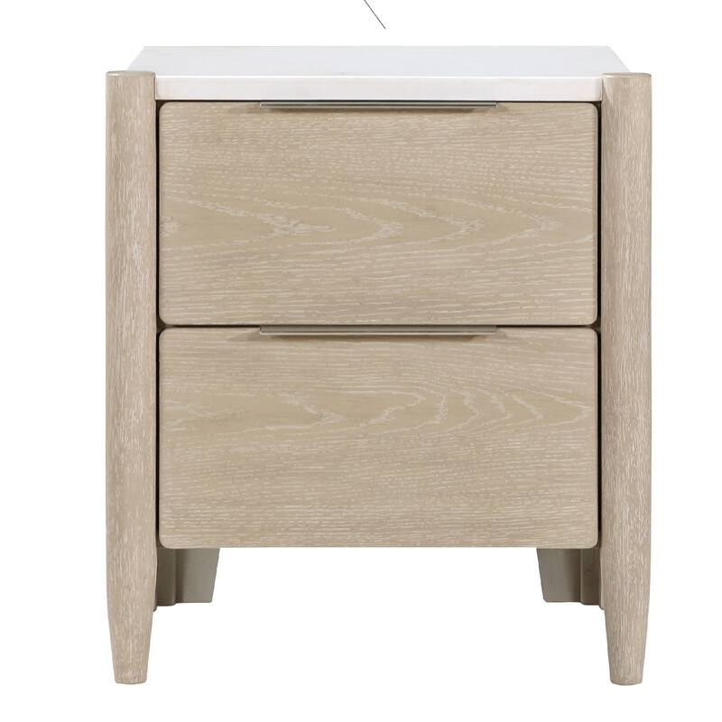 Maty Nightstand, 2 Drawers, White Marble Top, Light Oak Brown Ceruse