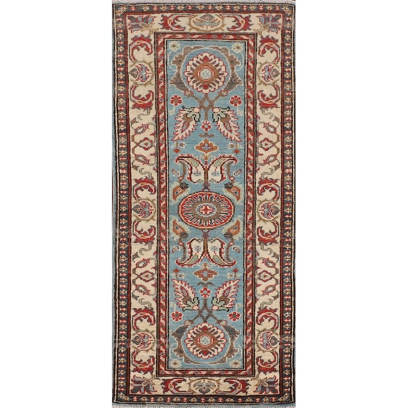 Light Blue Kazak Oriental Runner Rug Handmade Hallway Wool Carpet - 2'0" x 5'8"