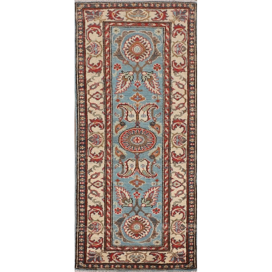 Light Blue Kazak Oriental Runner Rug Handmade Hallway Wool Carpet - 2'0" x 5'8"
