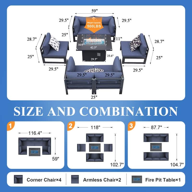 FINCATI 7 Pcs Patio Furniture Set Outdoor Sectional Sofa Set with Firepit Table - 7 Pieces