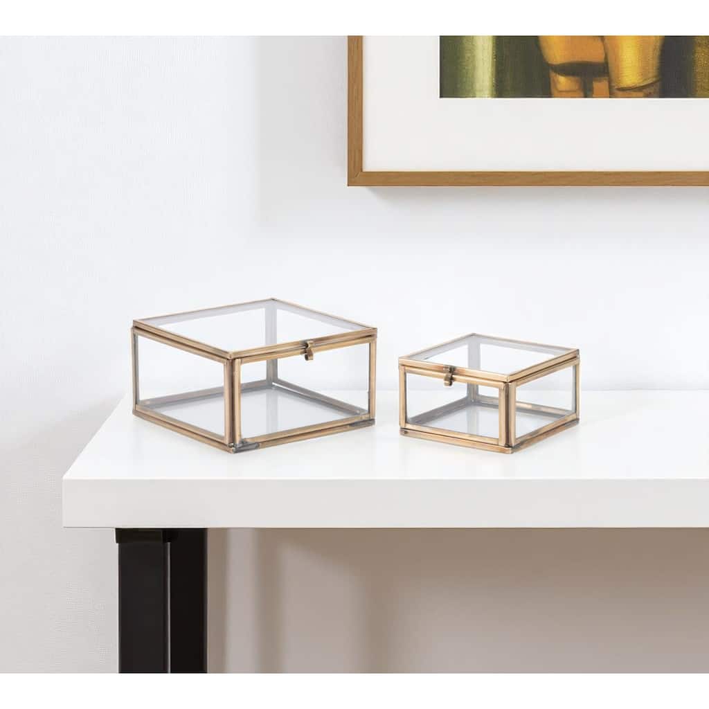 HomeRoots Set of Two Clear And Gold Glass Decorative Keepsake Boxes - 4 in. x 2.5 in. x 4.15 in.