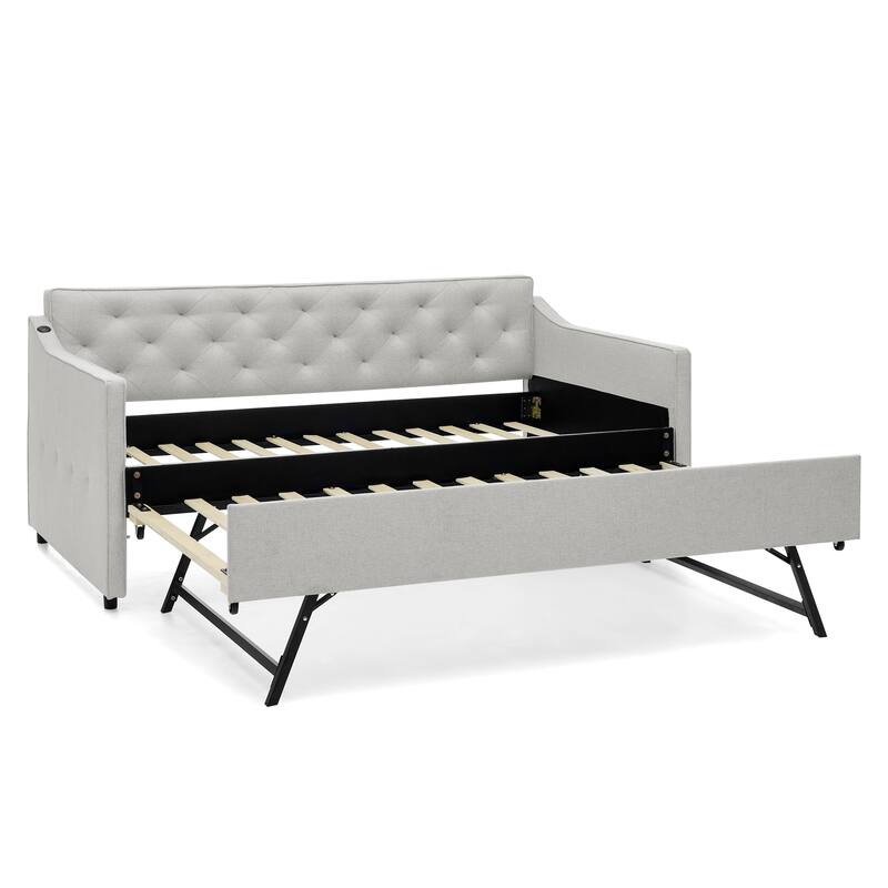 Twin Upholstered Daybed with Pop-Up Trundle & USB Charging Ports