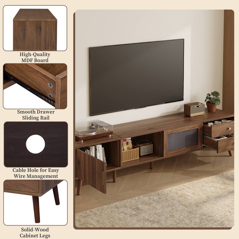 76" Minimal Glass-Doors TV Stand up to 85 Inches,Wood-Grain Entertainment Center with Storage Cabinets,TV Media Console Table