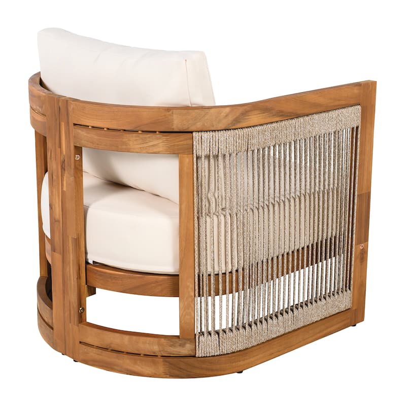 Premium Acacia Wood Outdoor Club Chair, Curved Tub Design with Woven Rope Accents, Water-Resistant Cushions set of 2