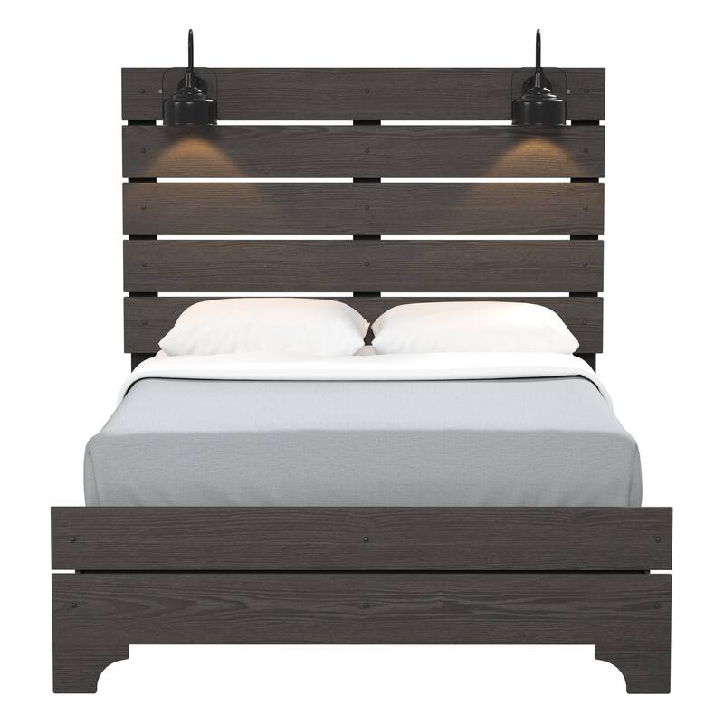 Farmhouse Queen Platform Bed in Stone Brown with Built-In LED Lighting and High Headboard, Easy Assembly