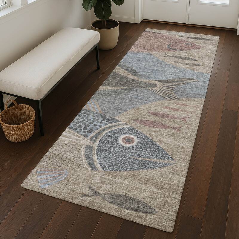Machine Washable Indoor/ Outdoor Modern Fish Chantille Rug