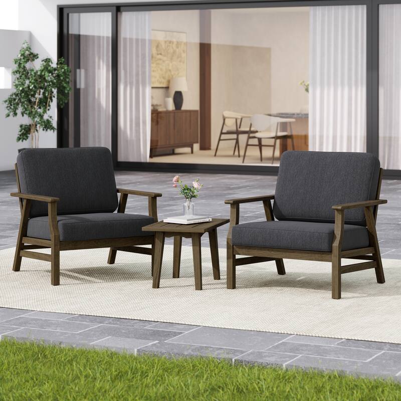 3-piece Cushioned Outdoor Club Chiars With Side Table - NaturalFrame/Dark Grey - NaturalFrame