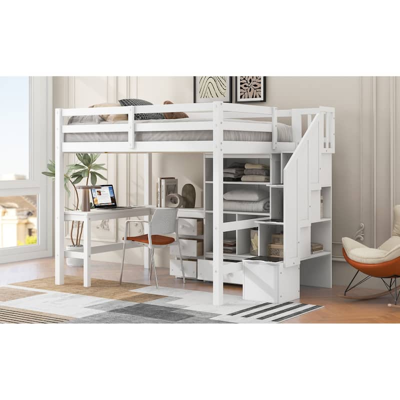 Full Size Loft Bed w/L-Shaped Desk,Drawers,Cabinet,Storage Staircase
