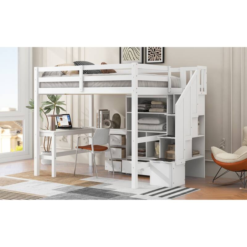 Full Size Loft Bed with L-Shaped Desk, Drawers, Cabinet, and Storage Staircase, White