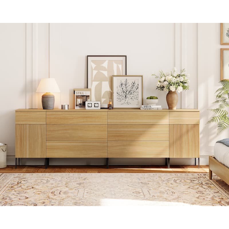 94.5" Modern Wood 8-Drawer Dresser With Reeded Design, Minimalist Dresser Organizer Storage - Oak