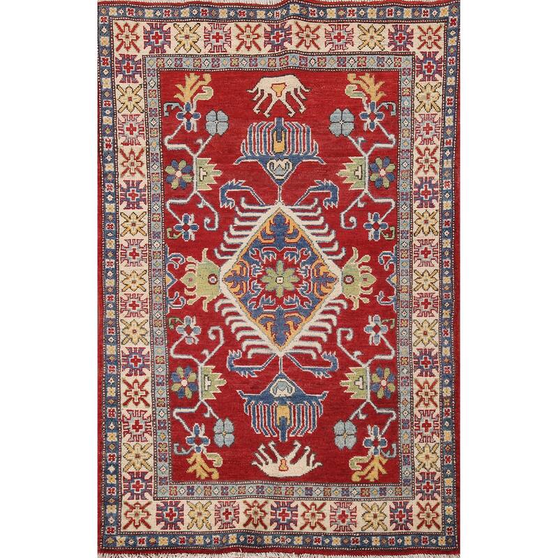 Geometric Red Kazak Oriental Rug Handmade Traditional Wool Carpet - 3'4"x 5'3"