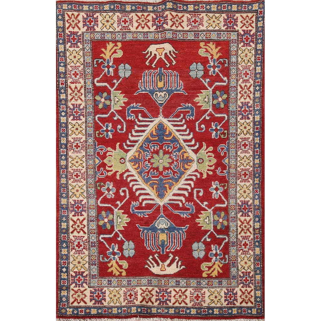 Geometric Red Kazak Oriental Rug Handmade Traditional Wool Carpet - 3'4"x 5'3"