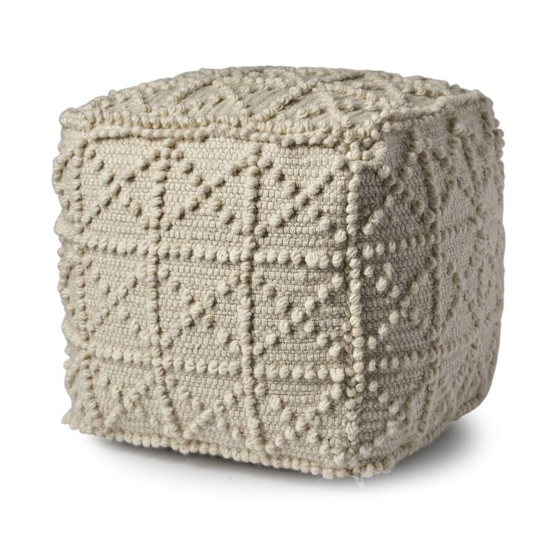 Ivory Wool Pouf Ottoman Geometric Cube Footrest Seat for Living Room - Ivory