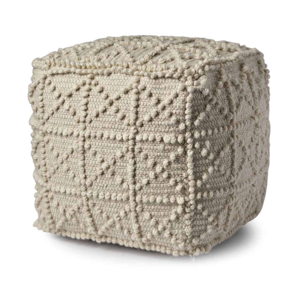 Ivory Wool Pouf Ottoman Geometric Cube Footrest Seat for Living Room