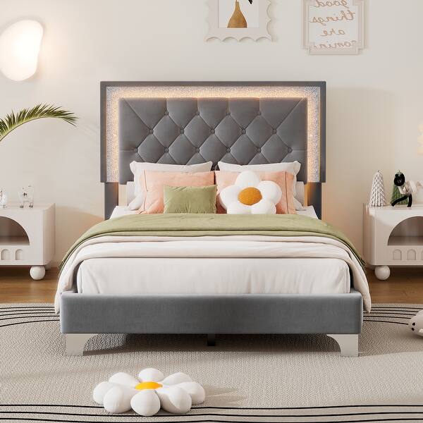slide 2 of 11, Twin Upholstered Platform Bed with LED Headboard and Touch Controls, Modern Velvet Frame with