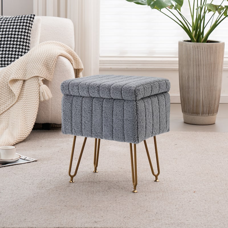 Set of 1 Lamb Wool Fabric Upholstered Storage Ottoman with Matte Golden Legs
