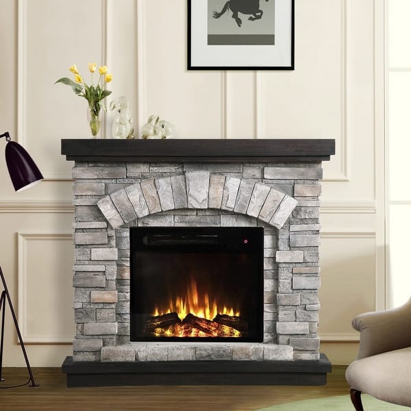 slide 3 of 17, 36-inch Faux Stone Freestanding Electric Fireplace Grey
