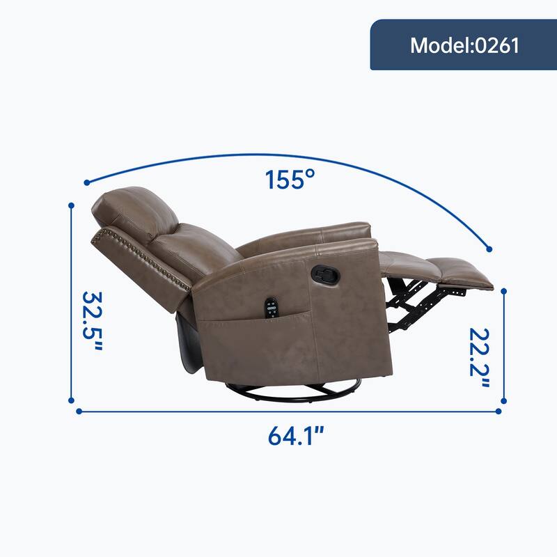 Roomfitters Genuine Leather Swivel Rocker Recliner, Manual Massage Glider with Heat and Top Grain Cowhide, Living Room