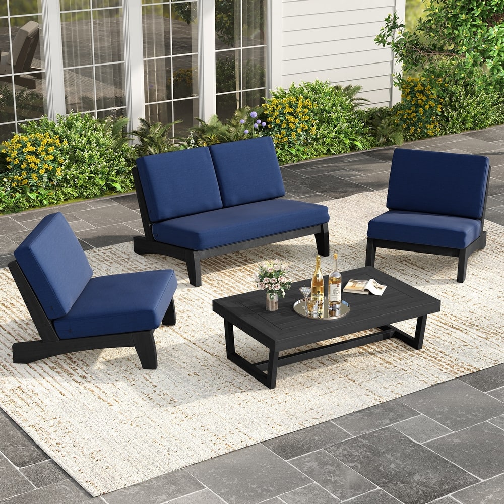 4Piece Wood Outdoor Loveseat Chair Conversation Set with Table Cushion