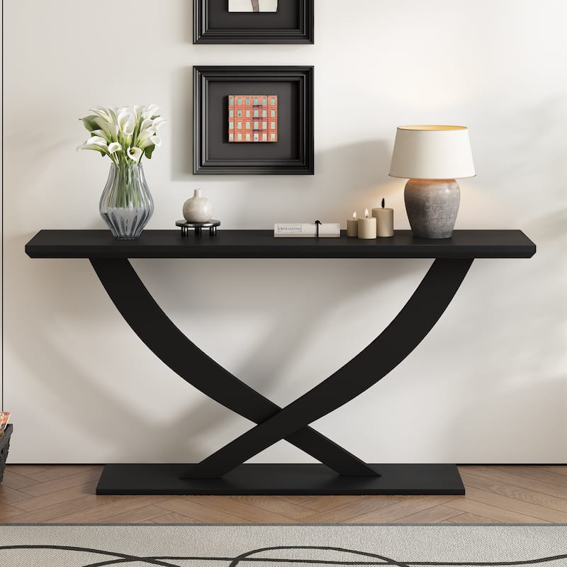 57'' Console Table Hallway Tables, Accent Table with Cross-Table Leg and Acacia Venner, Entryway Table for Living Room - Black