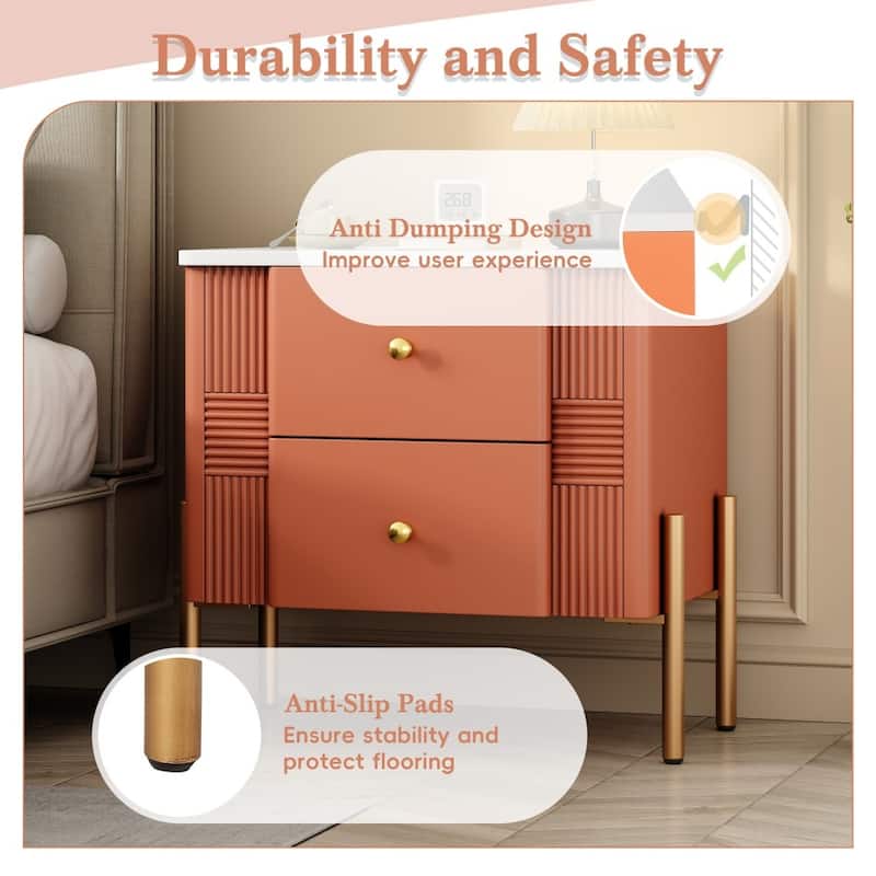 Modern Nightstand with 2 Storage Drawer and Golden Metal Handles for Living Room