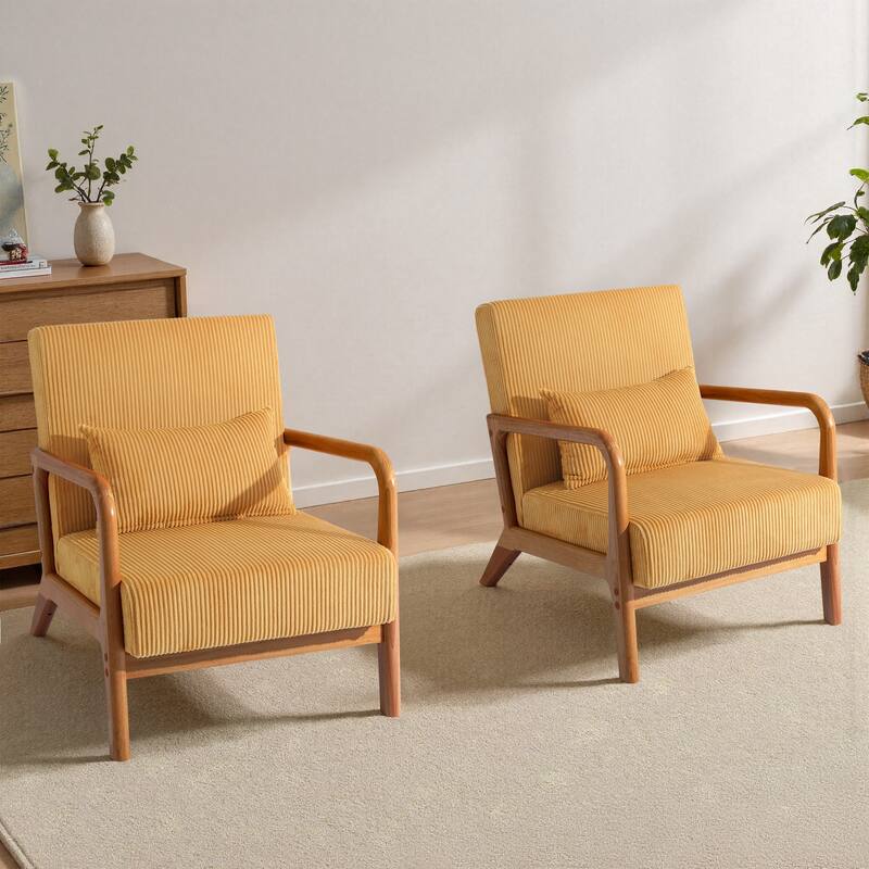 25" W Mid Century Upholstered Wood Accent Chair with Pillow set of 2