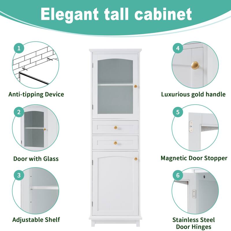 Tall Bathroom Storage Cabinet with Glass Doors and Adjustable Shelves