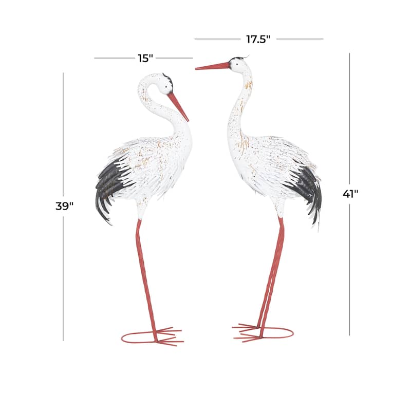 Metal Crane Tall Decorative Garden Sculpture with Brown Speckled Texture and Red Accents - Set of 2 White - Roche River Decor