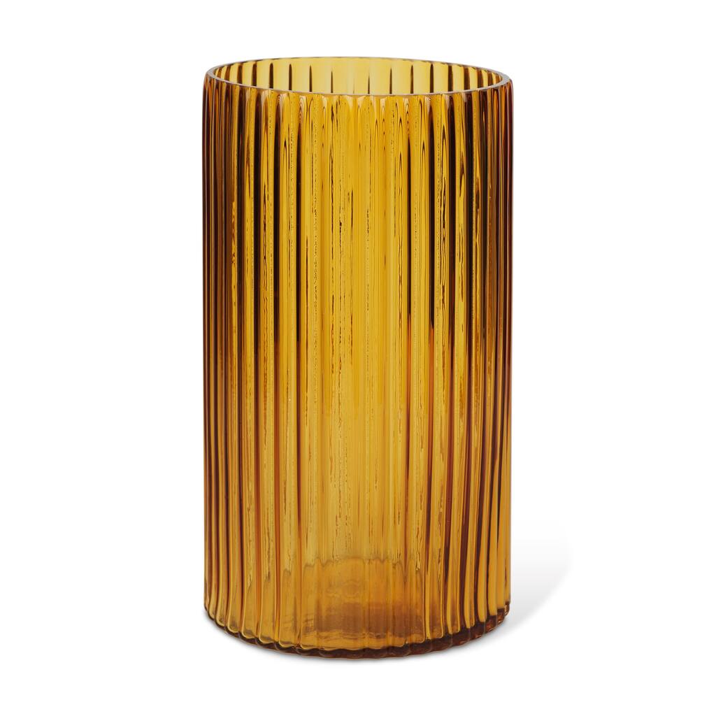 HomeRoots 11" Amber Glass Ribbed Cylinder Table Vase - 6.10