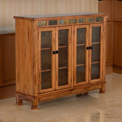 Marv Bookcase Cabinet, 4 Waterfall Glass Doors Slate Inlay Light Brown