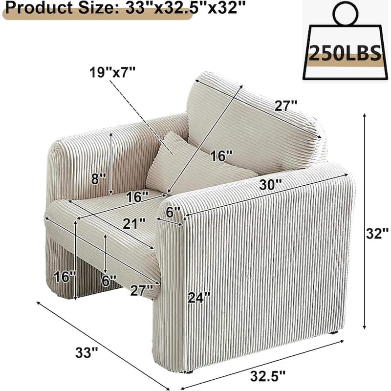 Modern Corduroy Accent Chair with Support Pillow, Set of 1