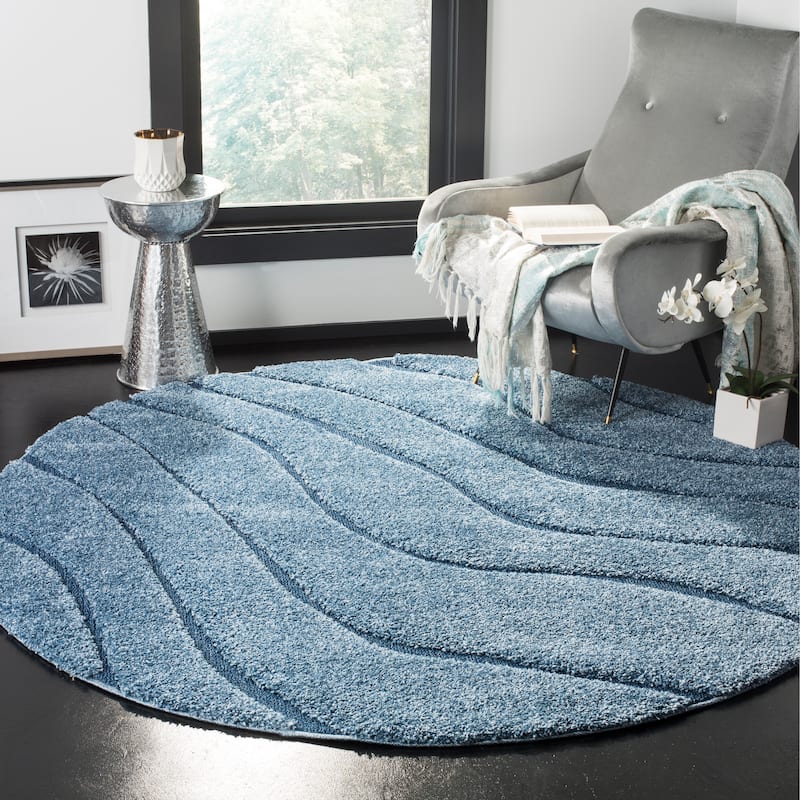 SAFAVIEH Florida Shag Hervor Soft Serene Waves 1.2-inch Thick Rug - 4' Round - Light Blue/Blue - Round