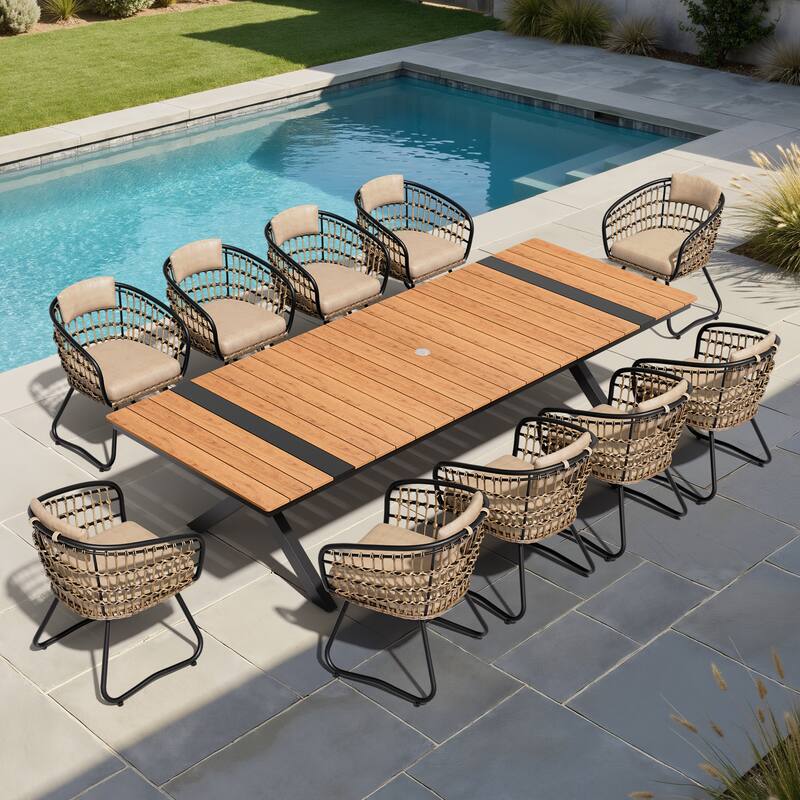 11PC Outdoor Patio Aluminum Dining X Frame Table and Rattan Chairs Set with Umbrella Hole - BrownTable&BeigeChairs