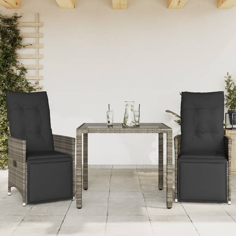 vidaXL Patio Bistro Set with Cushions Outdoor Garden Furniture Grey Poly Rattan - Grey-Glass-form 1 - 35.4 x 35.4 x 29.5