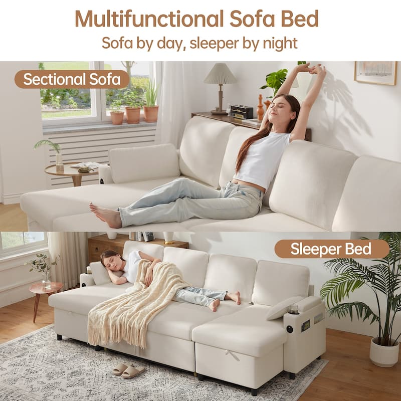 Convertible Sleeper Sofa 3-in-1 Pull Out Sectional Sofa Bed L/U-Shaped Couch with Storage Chaise