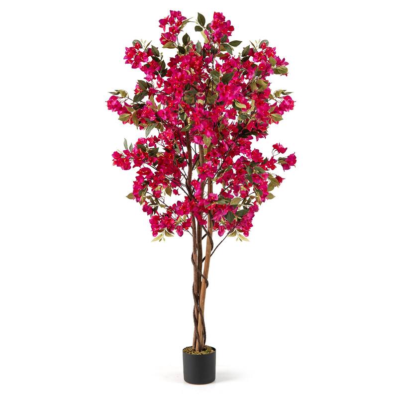 Gymax 6 FT Artificial Bougainvillea Tree Tall Faux Pre-potted Tree w/ - Rose Red, Green, Black