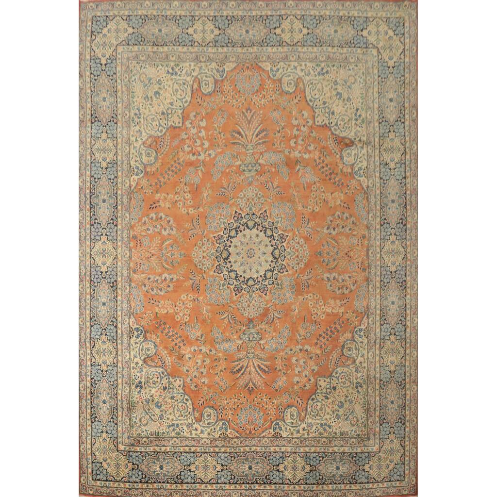 Hand Knotted Oriental 100% Wool Carpet Traditional Floral Oranges & Rust Kerman Area Rug - 12' 8'' X 10' 1''