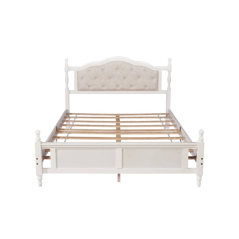 Classic Platform Bed Wooden Frame Queen Size Bed with Upholstered Tufted Headboard, Panel Footboard and Central Support Feet