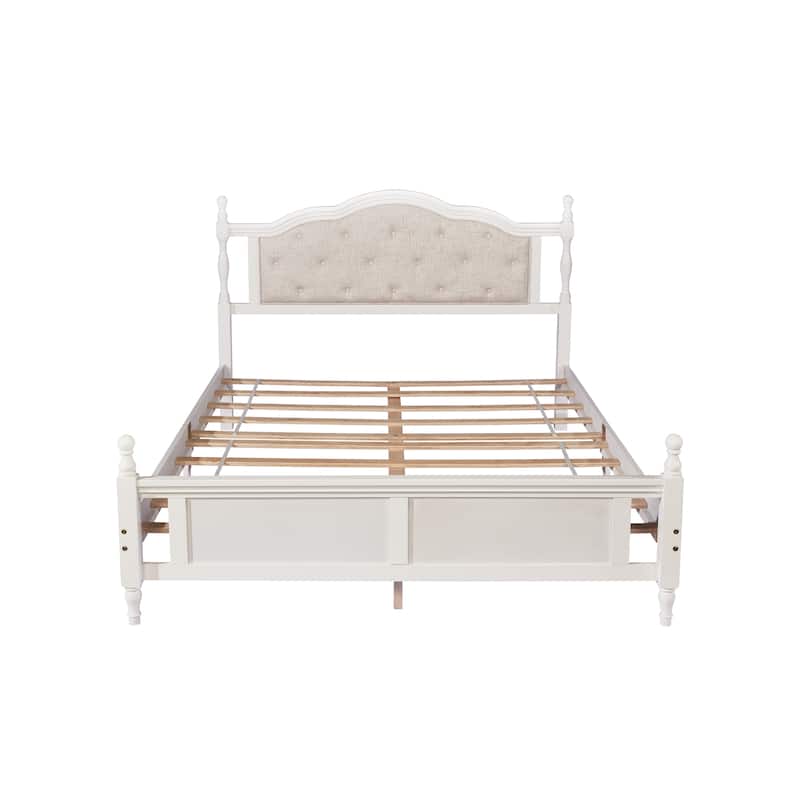 Queen Size Bed Frame Low-Profile Platform Bed with Button Tufted Upholstered Headboard, Panel Footboard, No Box Spring Needed