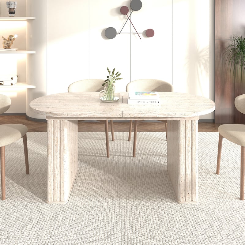 Kitchen extendable dining table for 4-8 people, oval kitchen table with wooden strip base for family living room - Beige
