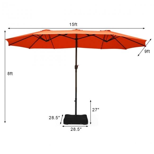 15 Foot Extra Large Patio Double Sided Umbrella with Crank and Base - 15' x 8' (W x H)