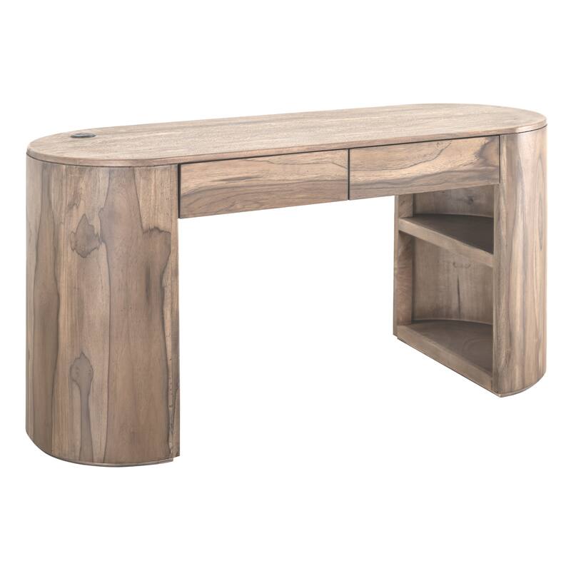 Eray Writing Desk, 2 Drawers, USB Port, Brown Teak, Mango Wood, 60 In