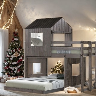 Wooden Twin Over Full Bunk Bed, Loft Bed with Playhouse, Farmhouse, Ladder and Guardrails