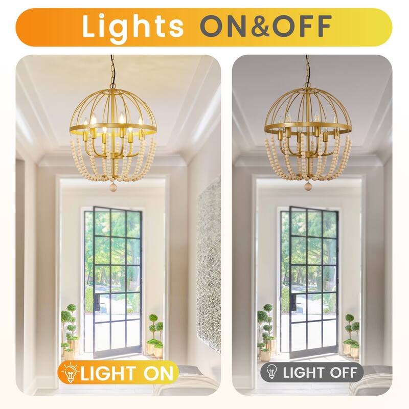 6-Light Metal Chandelier with Wooden Beads